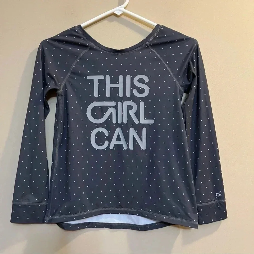 GapFit Girls Long Sleeve T-Shirt Active Grey Polka Dot This Girl Can Medium
